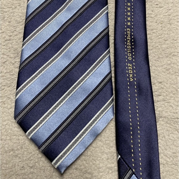 Ermenegildo Repp Striped Tie Blue Silk Cotton Textured Luxury Recent Gold Logo - Picture 1 of 7